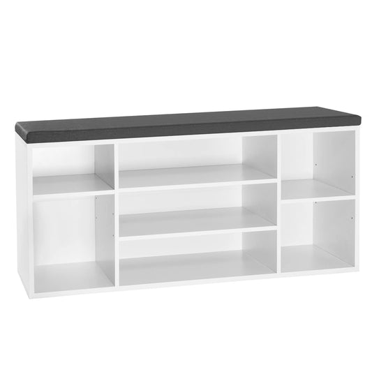 Hal Schoenenkast - Schoenenbank - Schoenenrek - Schoenkast - 103.5x30x48cm - Vrijstaand & 7 Compartimenten – Opbergbank met Stoffen Kussen - Wit & Grijs