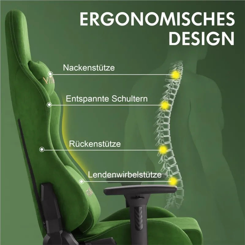 Ergonomische Bureaustoel – Gaming Stoel – Office Chair – Desk Chair – Computerstoel – Verstelbare Rugleuning – Ademend Suède Bekleding – Groene Kleur – Met Voetensteun - QUORE