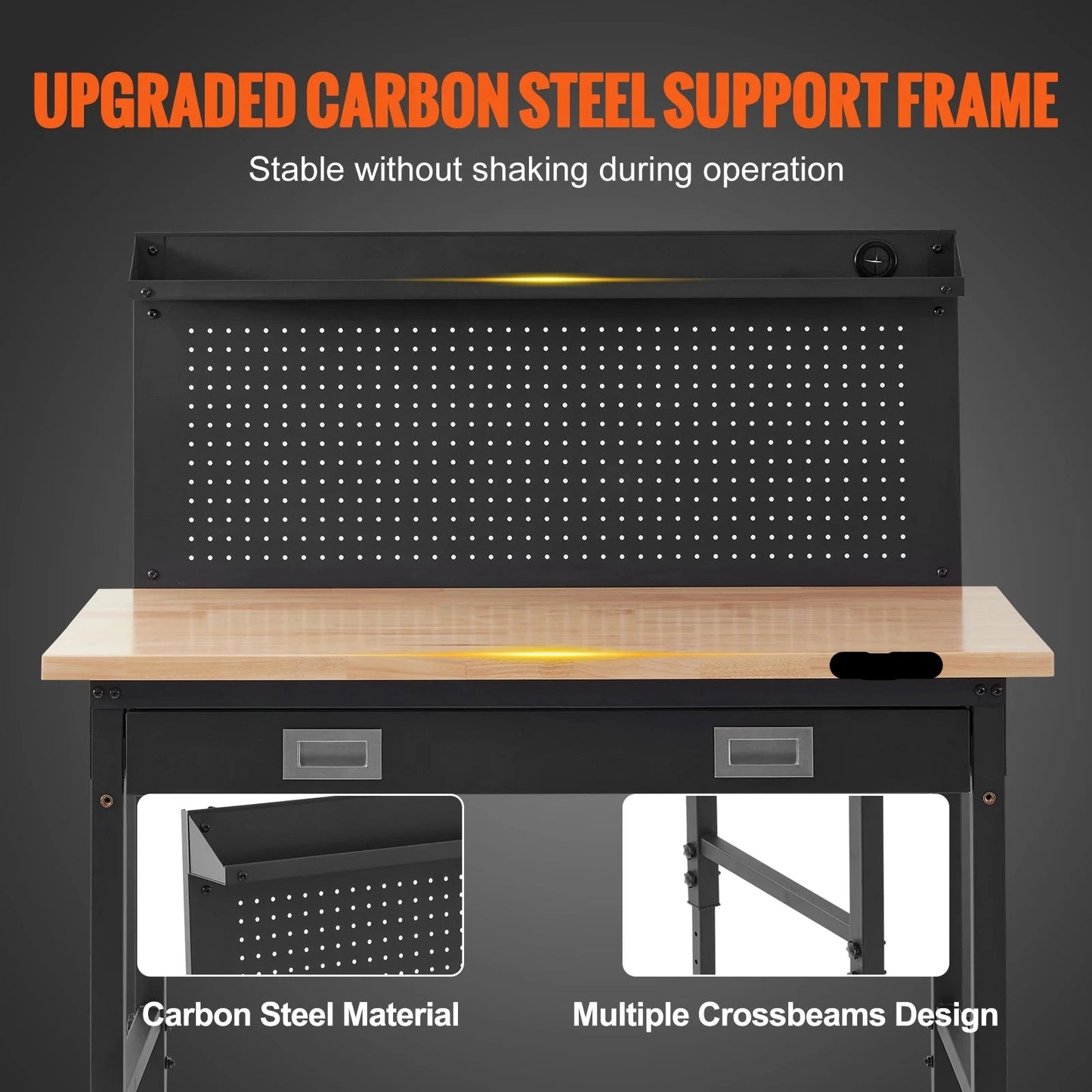 Verstelbare Werkbank - Werktafel - Industriële Werkbank - Garage Werkbank - 48x24 Inch - 2000lbs - Massief Houten - met LED Verlichting - Stopcontacten - USB & Opberghaakjes - Hoogte Instelbaar - Garage & Werkplaats