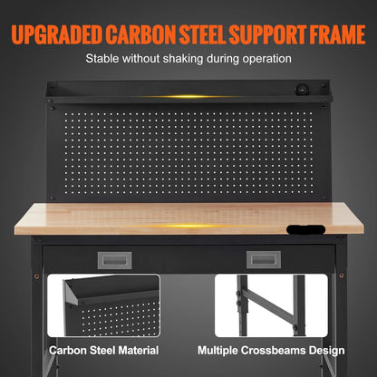 Verstelbare Werkbank - Werktafel - Industriële Werkbank - Garage Werkbank - 48x24 Inch - 2000lbs - Massief Houten - met LED Verlichting - Stopcontacten - USB & Opberghaakjes - Hoogte Instelbaar - Garage & Werkplaats