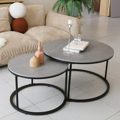 Tafel - Salontafel - Moderne Stijl - Set van 2 - Nesting Ronde Salontafel - Marmer - Sintered Stone Tafelblad - Metalen Poten – Ruimtebesparend - Woonkamer Meubel - Grotetafel 80x45cm - Kleintafel 60x40cm - Donkergrijs - QUORE