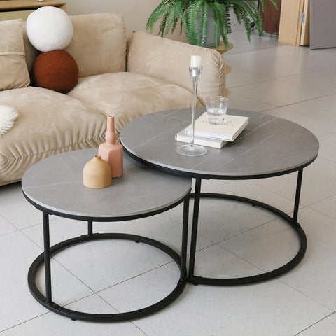 Tafel - Salontafel - Moderne Stijl - Set van 2 - Nesting Ronde Salontafel - Marmer - Sintered Stone Tafelblad - Metalen Poten – Ruimtebesparend - Woonkamer Meubel - Grotetafel 80x45cm - Kleintafel 60x40cm - Donkergrijs