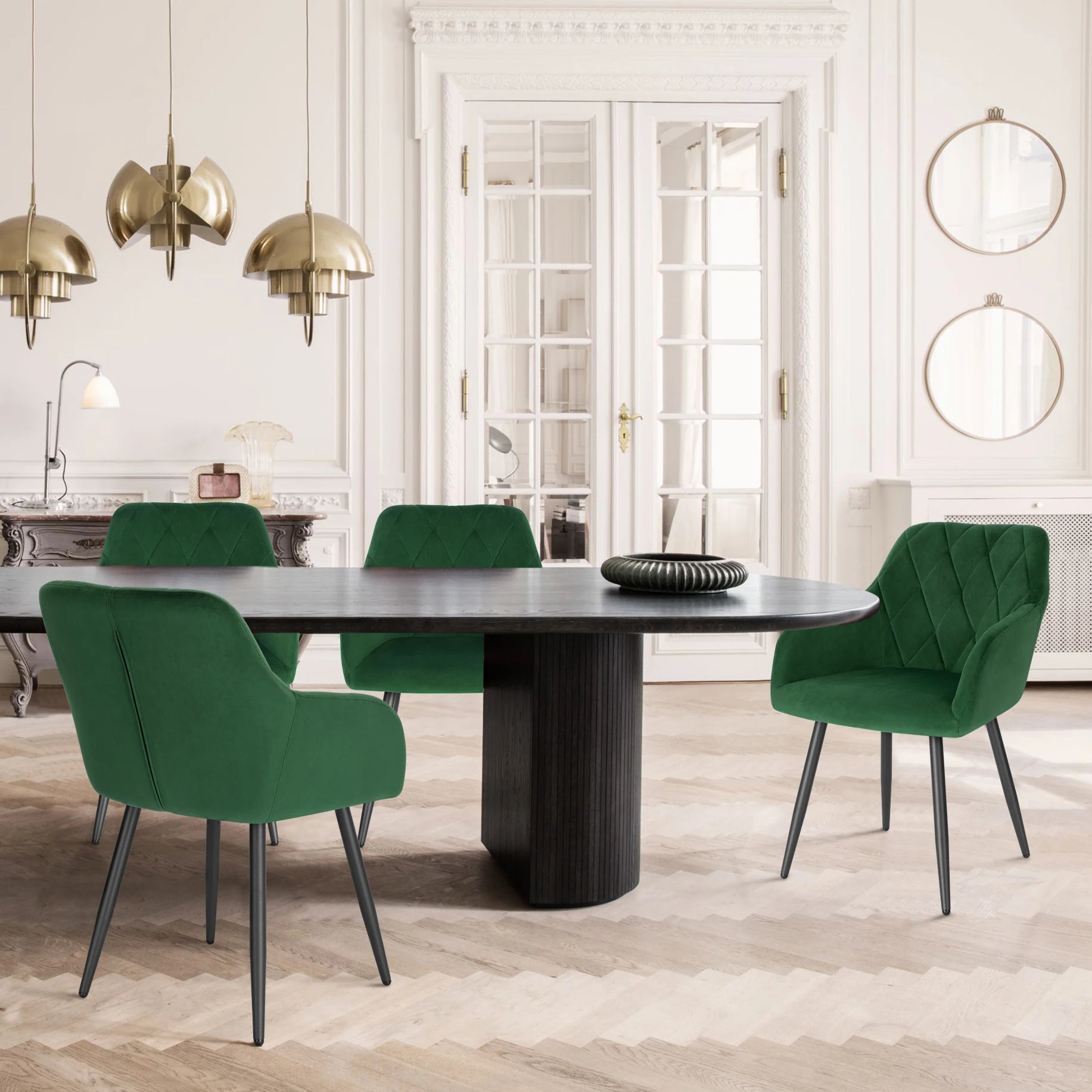 Eetkamerstoel – Bureaustoel – Stoel Met Armleuning – Scandinavische Stoel – Metalen Poten – Velvet Bekleding – Ergonomisch Design - Donkergroen - QUORE