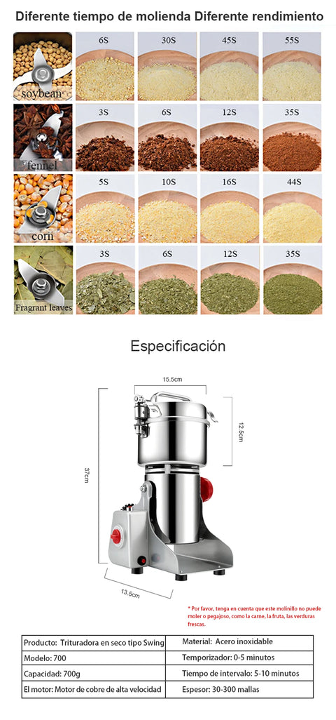Graanmolen Elektrisch - Professionele - 700G - Kruiden maler - Sprice Grinder - Kruidenmolen - 304 Roestvrij Staal- 2500W - 220V -  26000RPM - Zilver