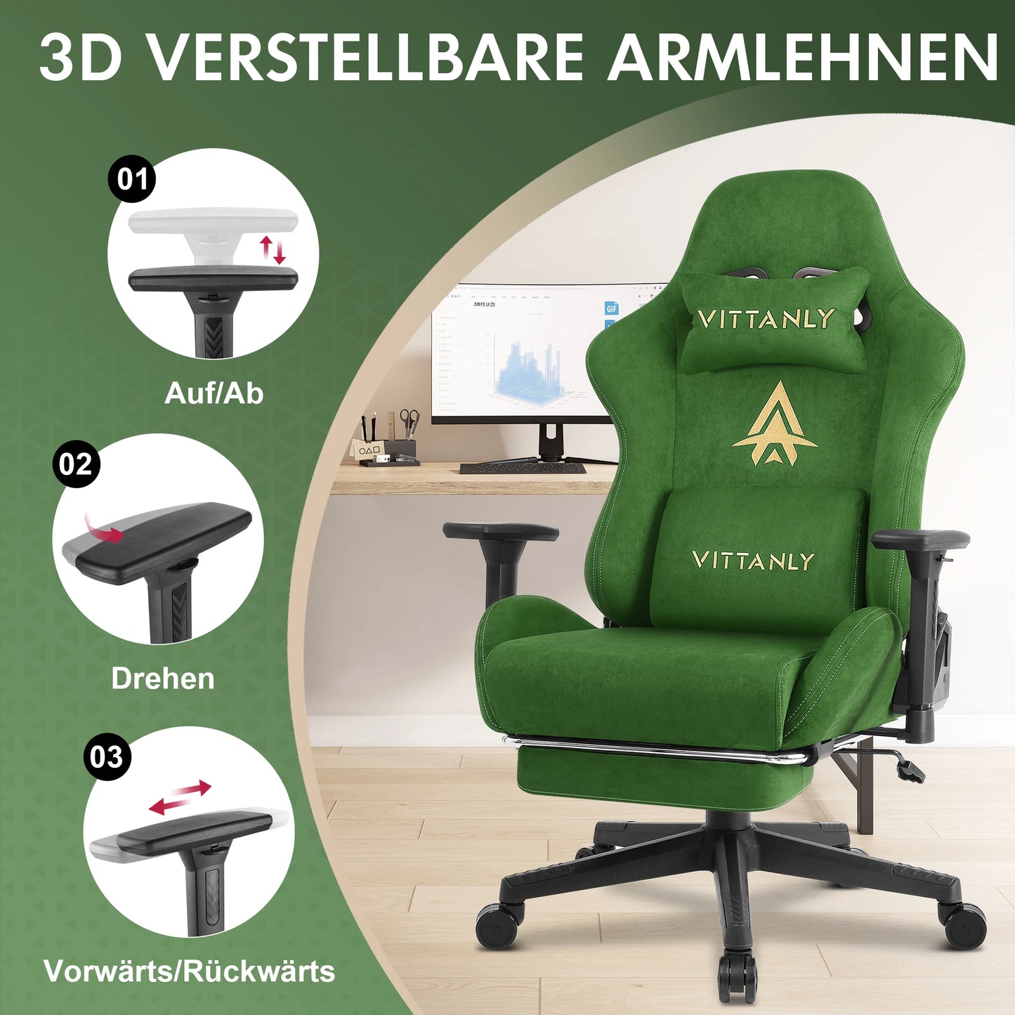 Ergonomische Gamingstoel – Bureaustoel – Gamestoel – Computerstoel – Kantoorstoel – Massagefunctie – Verstelbare Voetensteun – Hoogwaardig Suède Leer – Groen