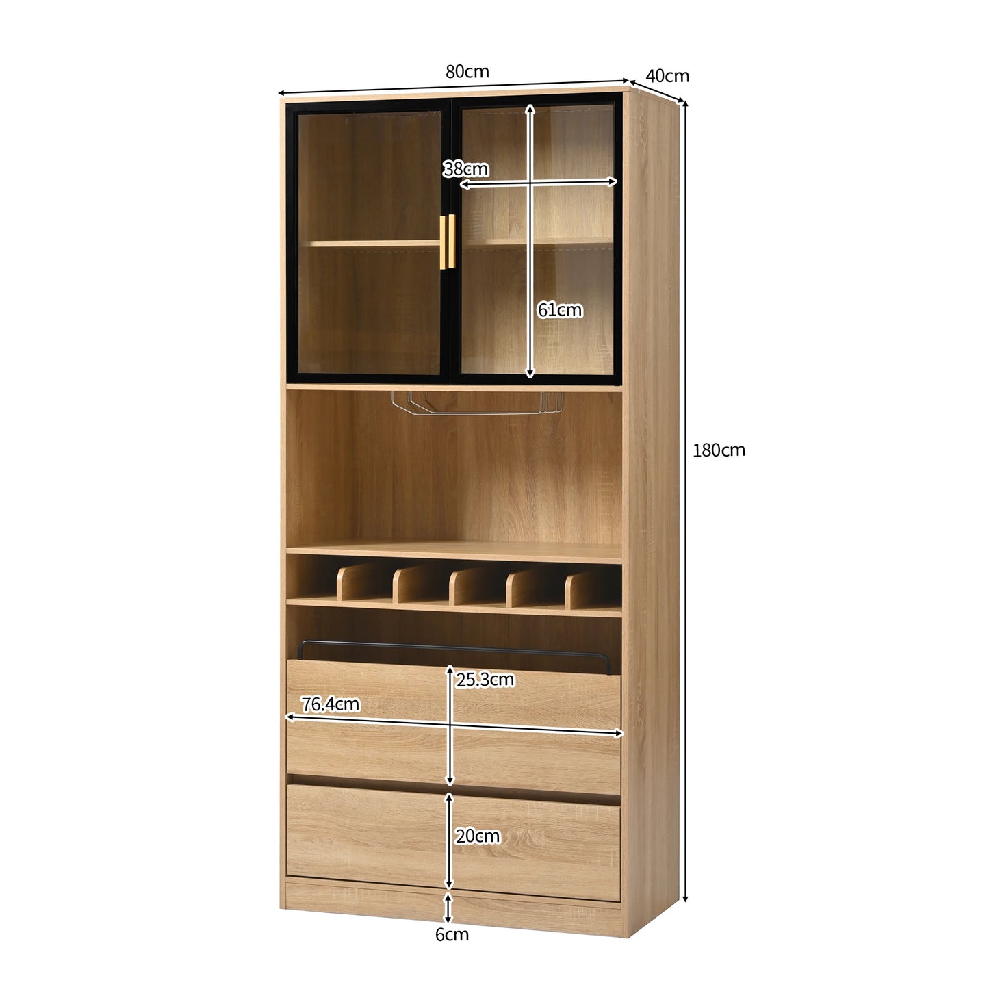 Wijnkast – Wijnrek – Drankkast – Flessenhouder – Glazen Deuren – Hout – 180 Cm Hoog