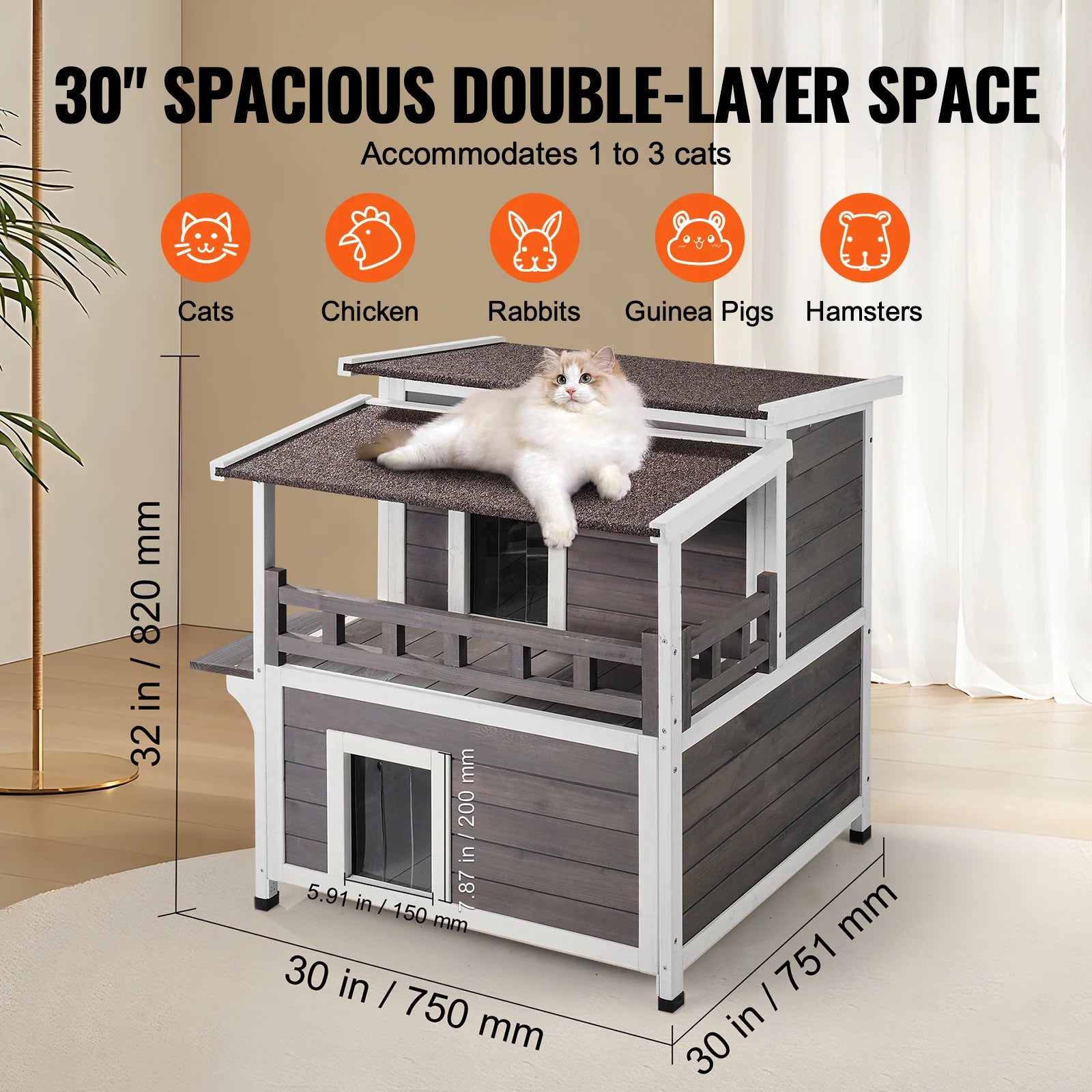 Buitenshuis Kattenhuis – Houten Kattenhut – Buitenkattenhuis – Kattenhok – Waterafstotend Dak – Twee Verdiepingen - QUORE