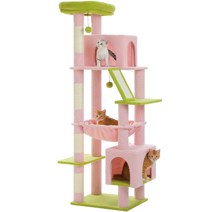 Kattenboom - Krabpaal - Kattenkrabpaal - Krabton - Krabpalen - Kattenhuis - Hoge Kattentoren met Meerdere Niveaus - 2 Ruime Condos, Bed voor Binnenkatten - Roze