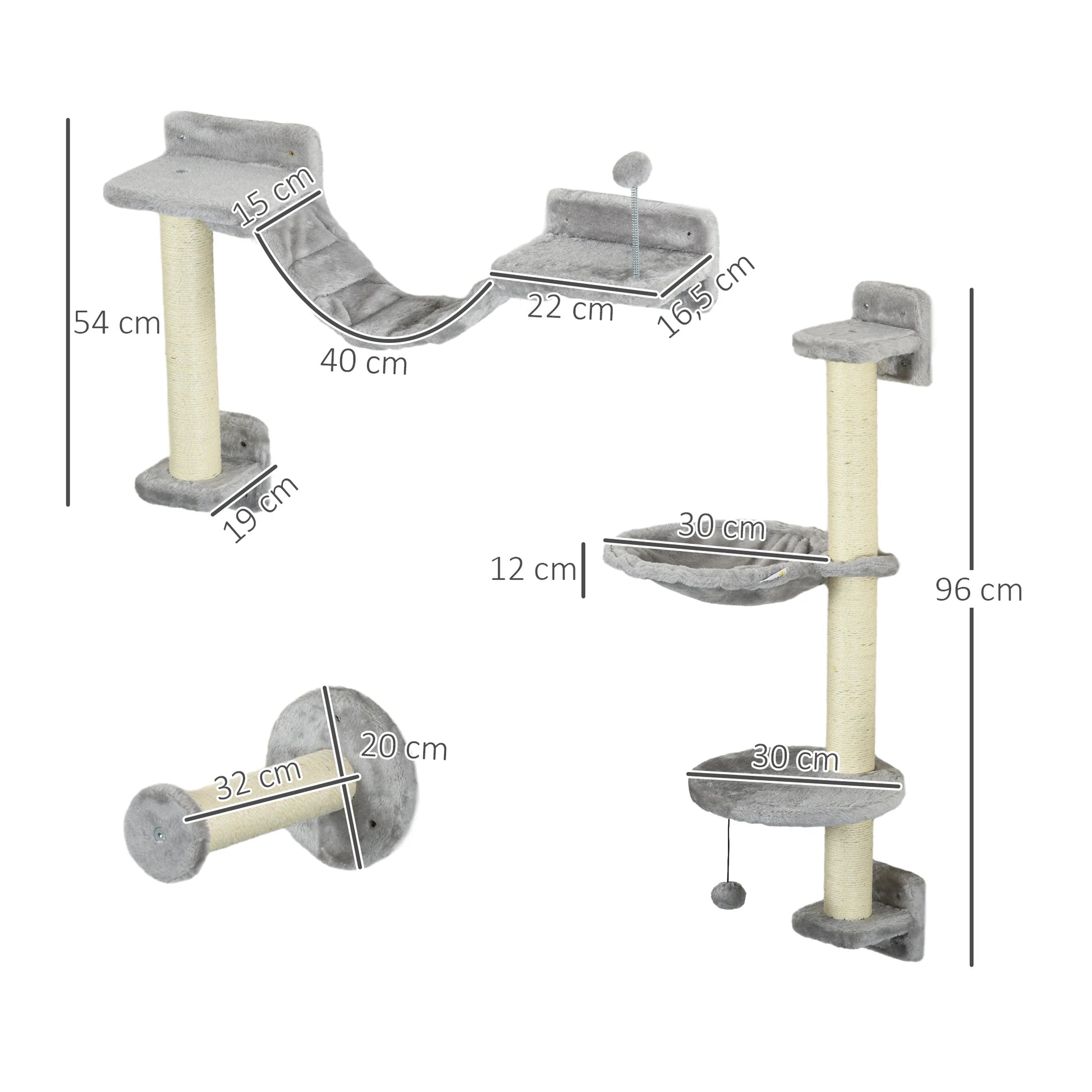 Klimrek - Klimrekken voor Kat - met - Hangmat - Bal - Set van 4 - Muur Bevestigd - Houtspaanplaat - Polyester Pluche - Maximale Capaciteit van 6-8 kg - 84.5x19x54 cm - Grijs - QUORE