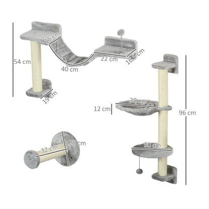 Klimrek - Klimrekken voor Kat - met - Hangmat - Bal - Set van 4 - Muur Bevestigd - Houtspaanplaat - Polyester Pluche - Maximale Capaciteit van 6-8 kg - 84.5x19x54 cm - Grijs - QUORE