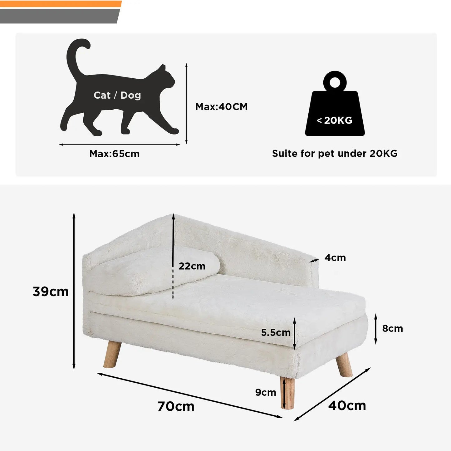 Hondenbed - Hondenbench - Hondensofa - Hondenmand - Verhoogd - met Houten Poten - Middelgrote L-vormige Honden- of Kattenbank met Zachte Kussen & Pluche Bekleding