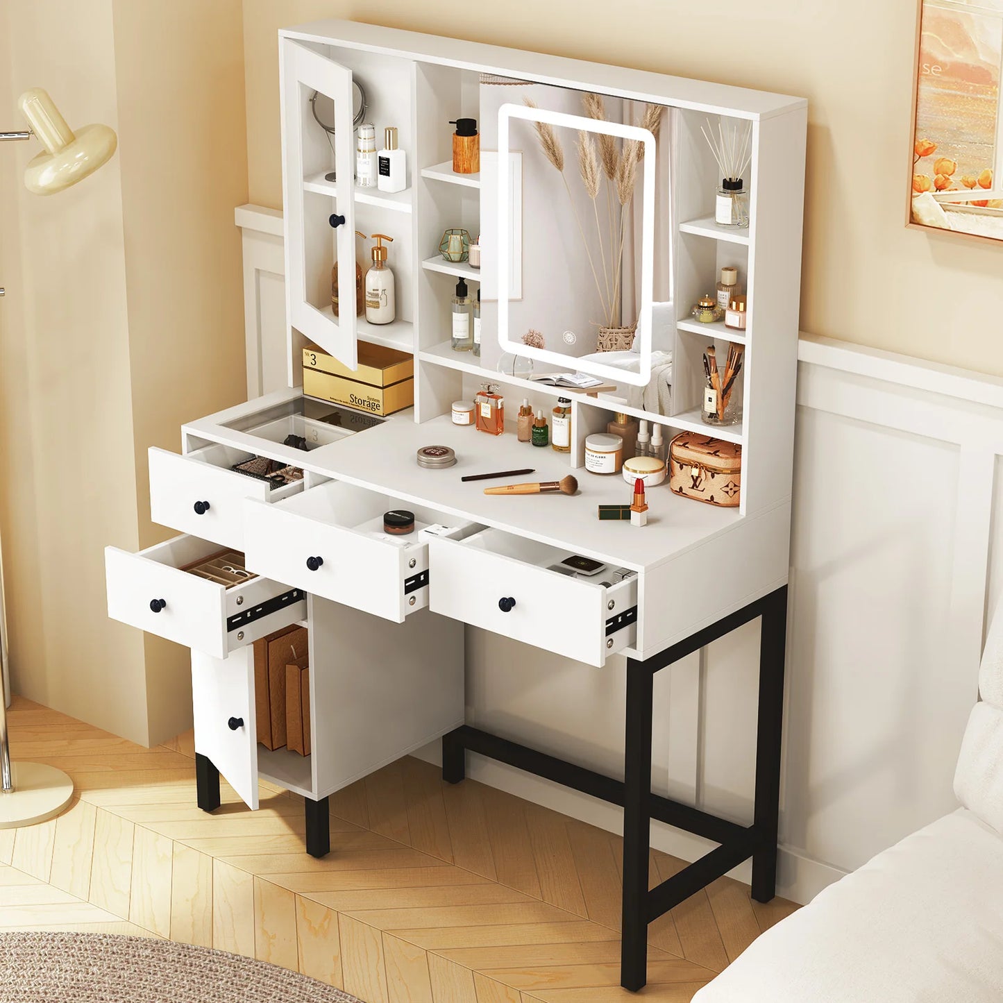 LED Make-up Kaptafel – Make-up Tafel – Vanity – Schminktisch – Slaapkamermeubel – Wit – Met Dimbare LED Spiegel – 4 Ruime Lades
