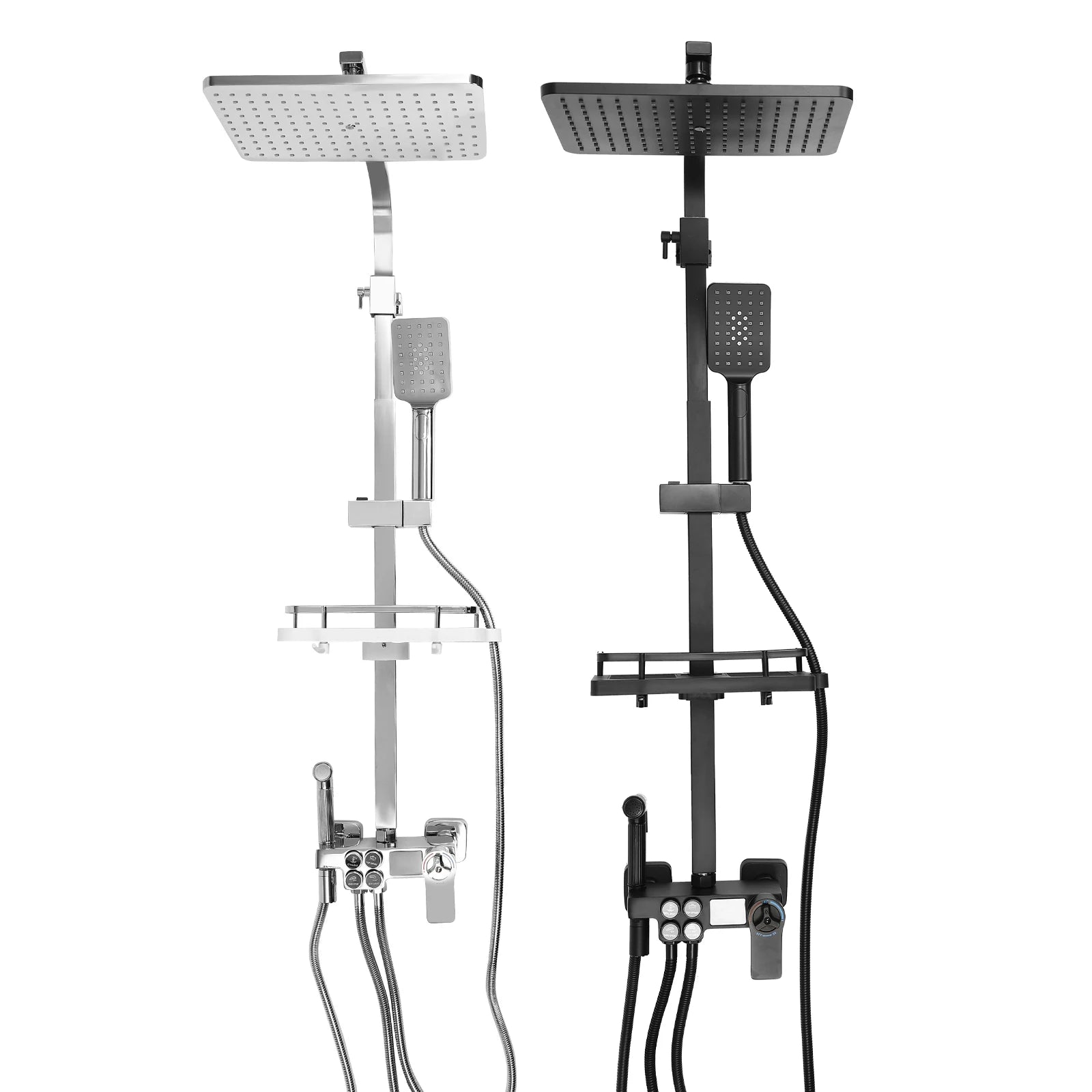 Douche - Regendouche - Douchewand - Douchekolom - Douchepanelen - LCD Douche Systeem met Thermostaat – Multifunctionele Regendouche met 4 Waterstanden – Verstelbare Hoogte 73-116 cm - Zilver - QUORE
