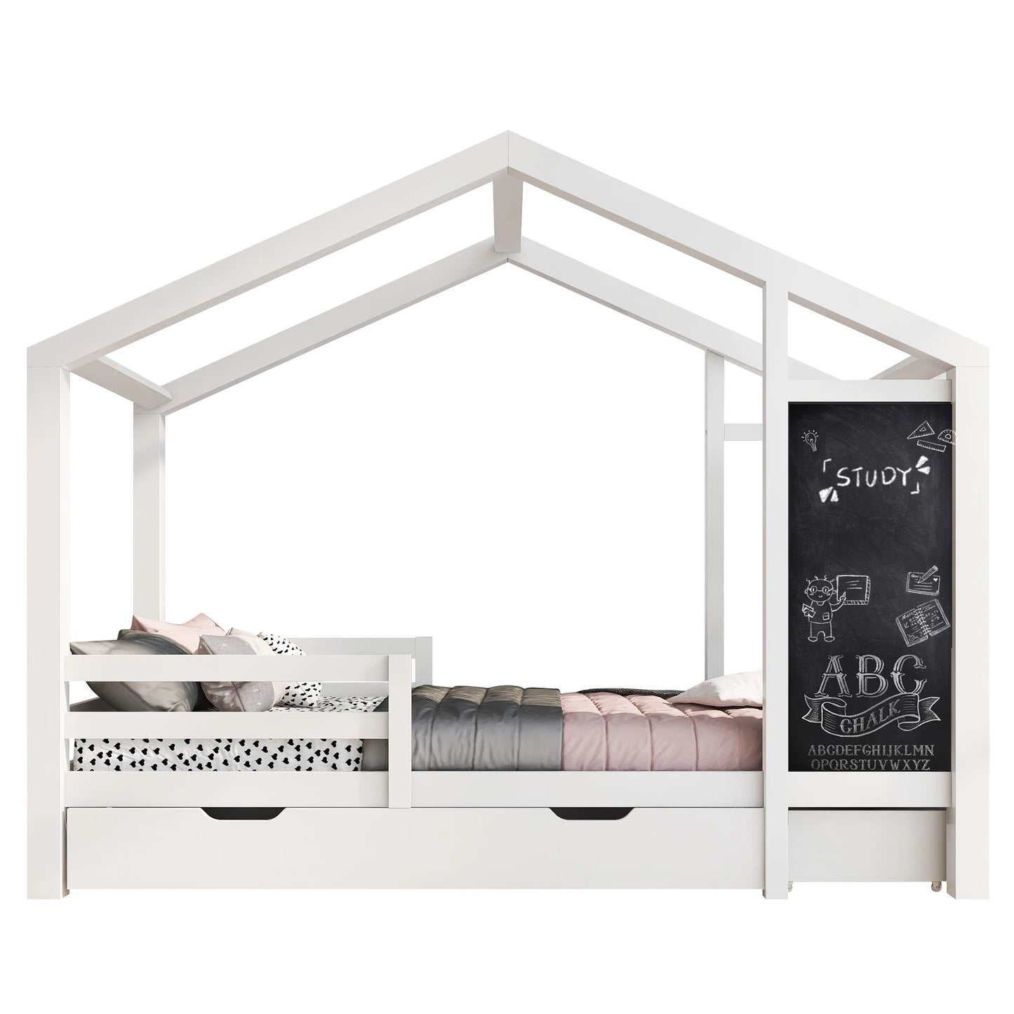 Bedhuisje Kinderen – Huisbed – Kinderbed – Peuterbed – Juniorbed – Massief Houten Frame – 90x200 cm – Met 2 Opberglades - QUORE