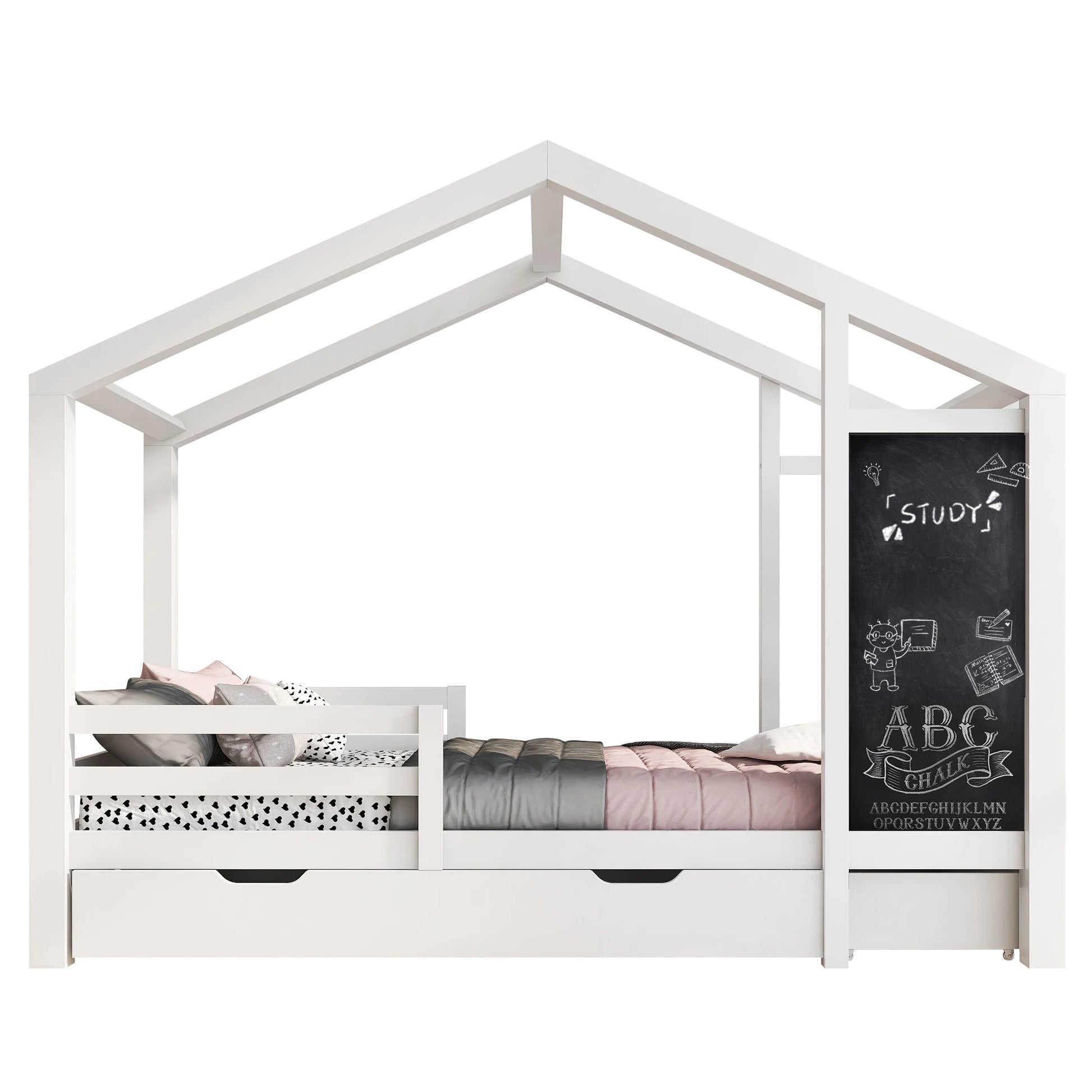 Bedhuisje Kinderen – Huisbed – Kinderbed – Peuterbed – Juniorbed – Massief Houten Frame – 90x200 cm – Met 2 Opberglades - QUORE