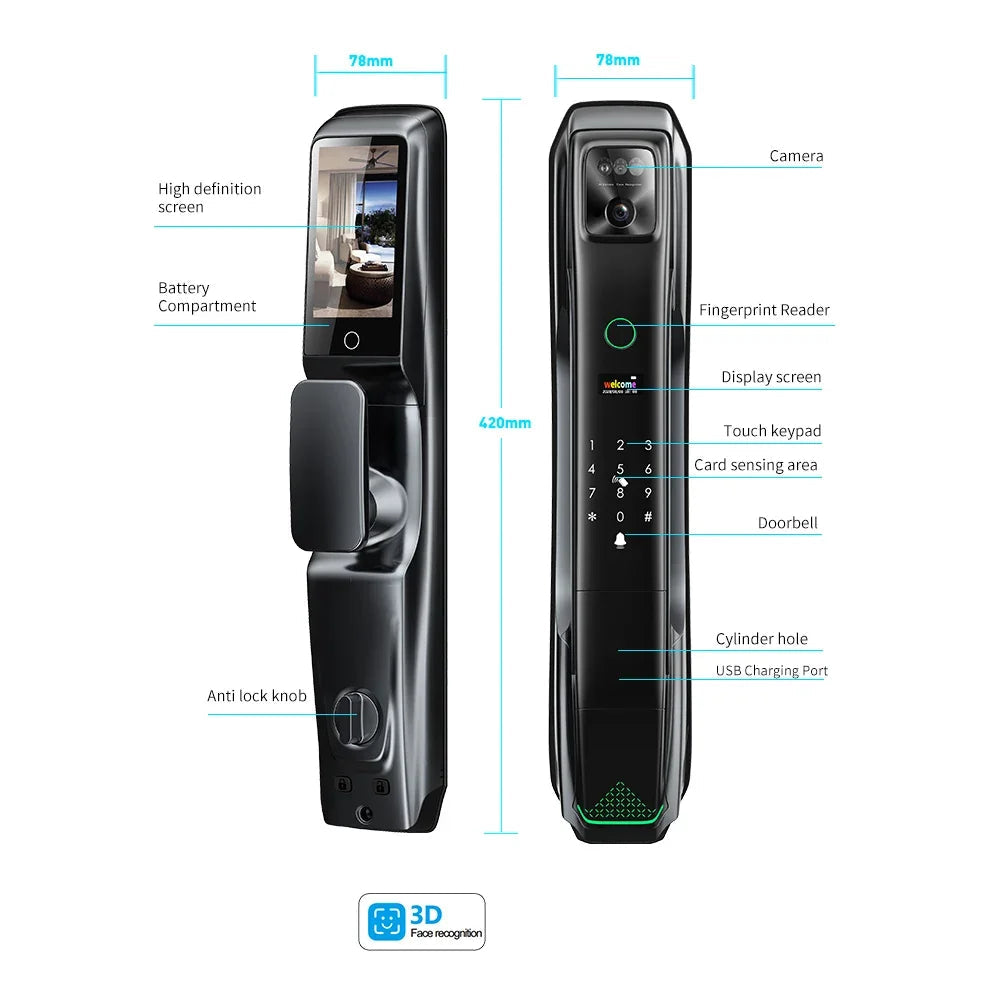 Smart Deurslot – Elektronisch Slot – Digitale Deurslot – Slimme Deurslot – Gezichtsherkenning Slot – Video Deurbel – Veelzijdige Ontgrendelmethodes – Robuuste Aluminium Behuizing - 24x280 - 6068 Insteekslot - QUORE