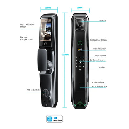 Smart Deurslot – Elektronisch Slot – Digitale Deurslot – Slimme Deurslot – Gezichtsherkenning Slot – Video Deurbel – Veelzijdige Ontgrendelmethodes – Robuuste Aluminium Behuizing - 24x280 - 6068 Insteekslot - QUORE