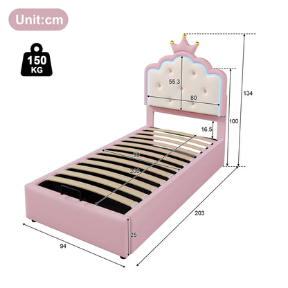 Bedframe 90x200 CM – Kinderbed – Opbergbed – Slaapbank – Led Verlichting – Zacht Roze PU Materiaal – Hydraulische Opbergruimte – Inclusief Lattenbodem – Afstandsbediening Ambient Lighting