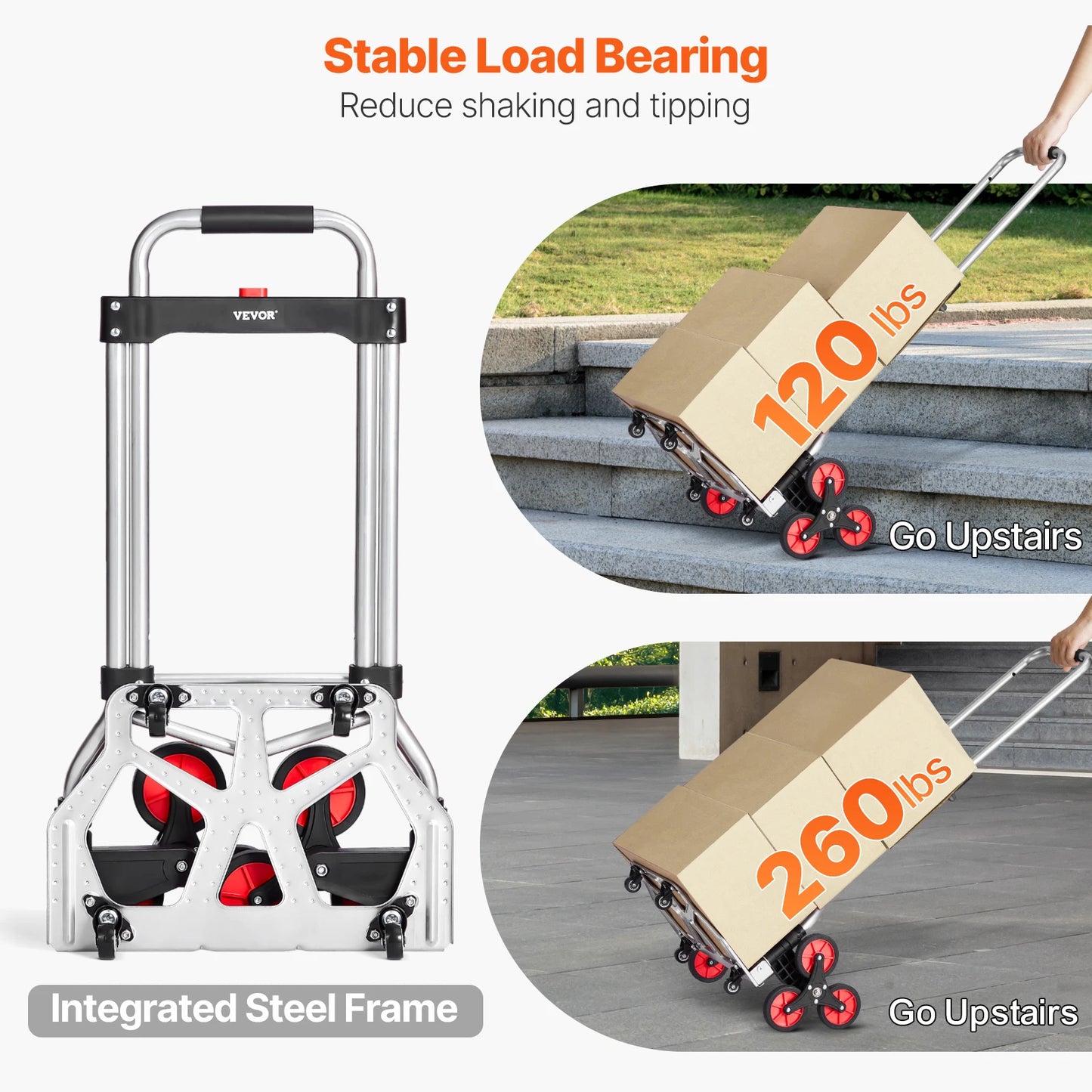 Steekwagen - Steekkar - Traploper - Transportwagen - Opvouwbare - 260lbs Draagvermogen - Telescopisch Handvat & 2 Elastische Touwen – Voor Magazijn en Verhuizingen