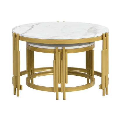 Salontafel – Koffietafel – Bijzettafel – Woonkamertafel – Ronde Tafel – 2-in-1 Set – Marmerlook MDF Blad – Goud Metalen Frame