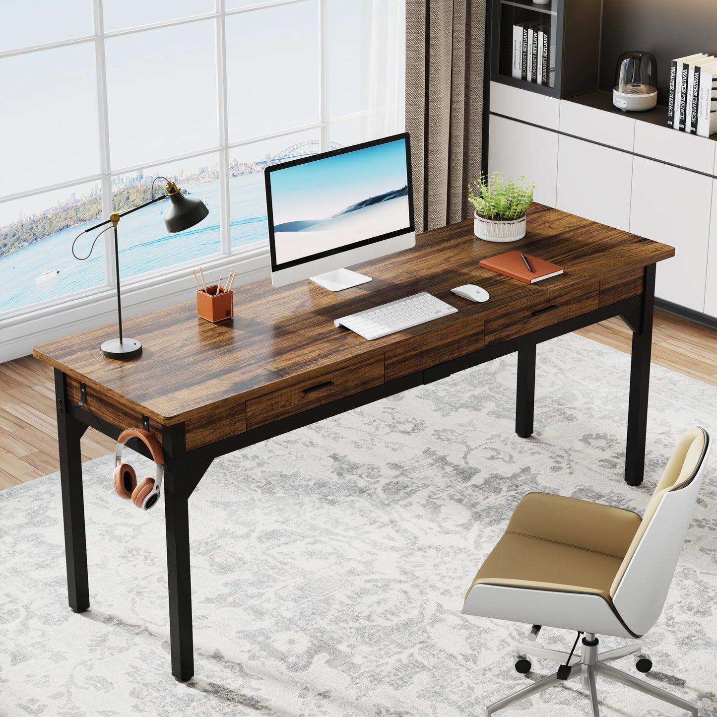 Bureau – Computerbureau – Bureautafel – Schrijftafel – Dubbel bureau – Extra Lang 200 cm – Stevig Metalen Frame – 2 Laden & 2 Haken – Chocoladebruin - QUORE