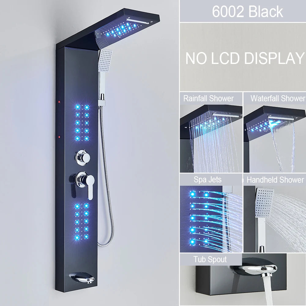 Douche - Regendouche - Douchewand - Douchekolom - Douchepanelen - Mat Zwarte LED Douchezuil - Waterval & Regendouche - Massagejets - Dubbele Bediening - Zwart - QUORE