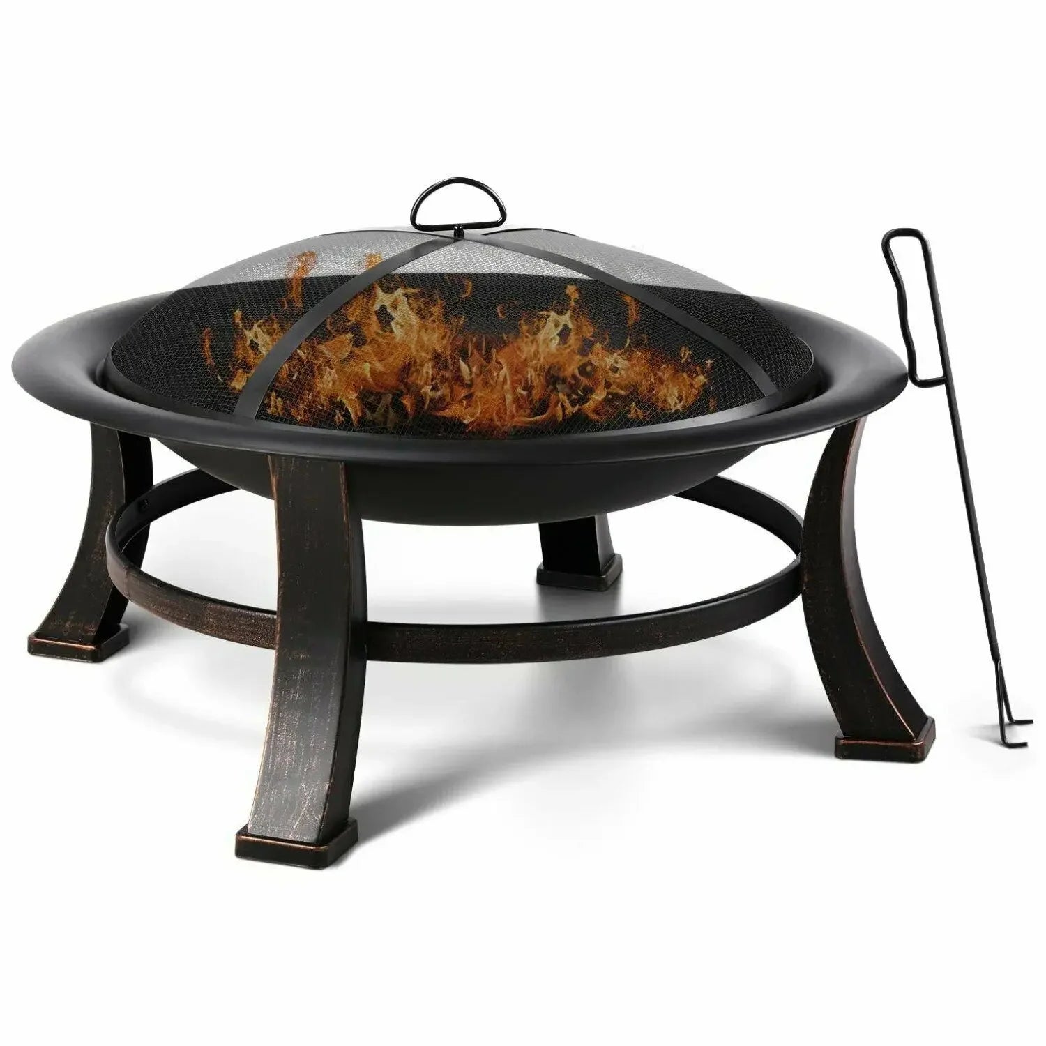 Outdoor Fire Pits Garden Wood Burning Fireplace, 30" Round Firepit Bowl with BBQ Grill, Cooking Grate, Spark Screen, Fire Poker - QUORE