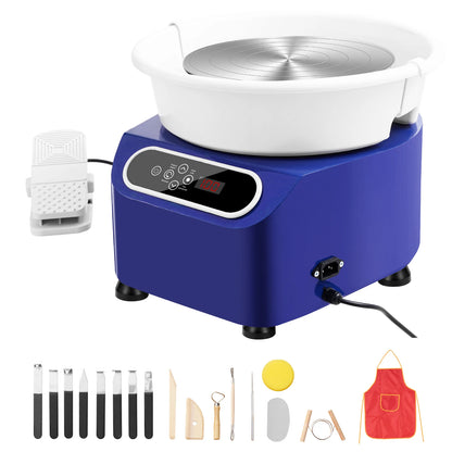 Keramisch Wiel - Snelheidsbereik - Doostype - Met Lcd - Scherm - Geluidsniveau van Minder dan 60 db - Met 8 Roestvrijstalen en - Houten Gereedschappen en - 1 Waterdicht Schort Bevat - 350W - Blauw