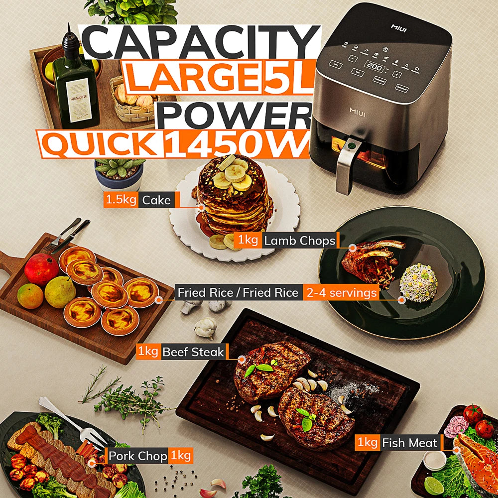 MIUI 5L- Airfryer- Airfryer XL- with Touch Control &amp; Nonstick basket &amp; visible window- Light gray