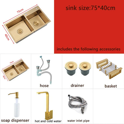 Dubbele Spoelbak Goud – Keukenspoelbak RVS – Dubbele Wasbak – Keukenspoelbak Goudkleurig – Spoelbak Met Zeepdispenser – 75x40 cm – RVS 304 Duurzaam – Ingebouwde Afdruipmand
