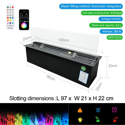 Elektrische Atomisatiehaard – Waterdamphaard – Misthaard – 3D Vlamhaard – Moderne Sfeerhaard – 1000mm Breed – Automatisch Waterbijvullen – APP Touchbediening