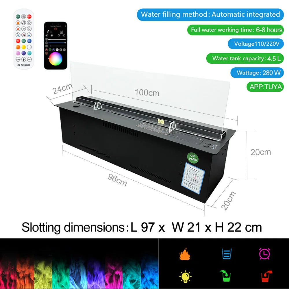 Elektrische Waterdamp Haard – Atomisatie Haard – Mist Haard – 3D Vlam Haard – Waterdamp Sfeerverwarming – 1000mm Inbouwvariant – Automatisch Waterbeheer – App & Afstandsbediening