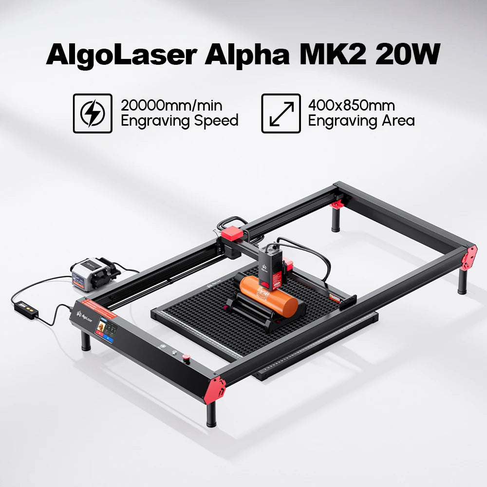 40x40CM/40X85CM 20W AlgoLaser Alpha MK2 with Air Pump/Rotary Chuck/Honeycomb Working Table/Raiser/10 pcs Marking Paper Optional