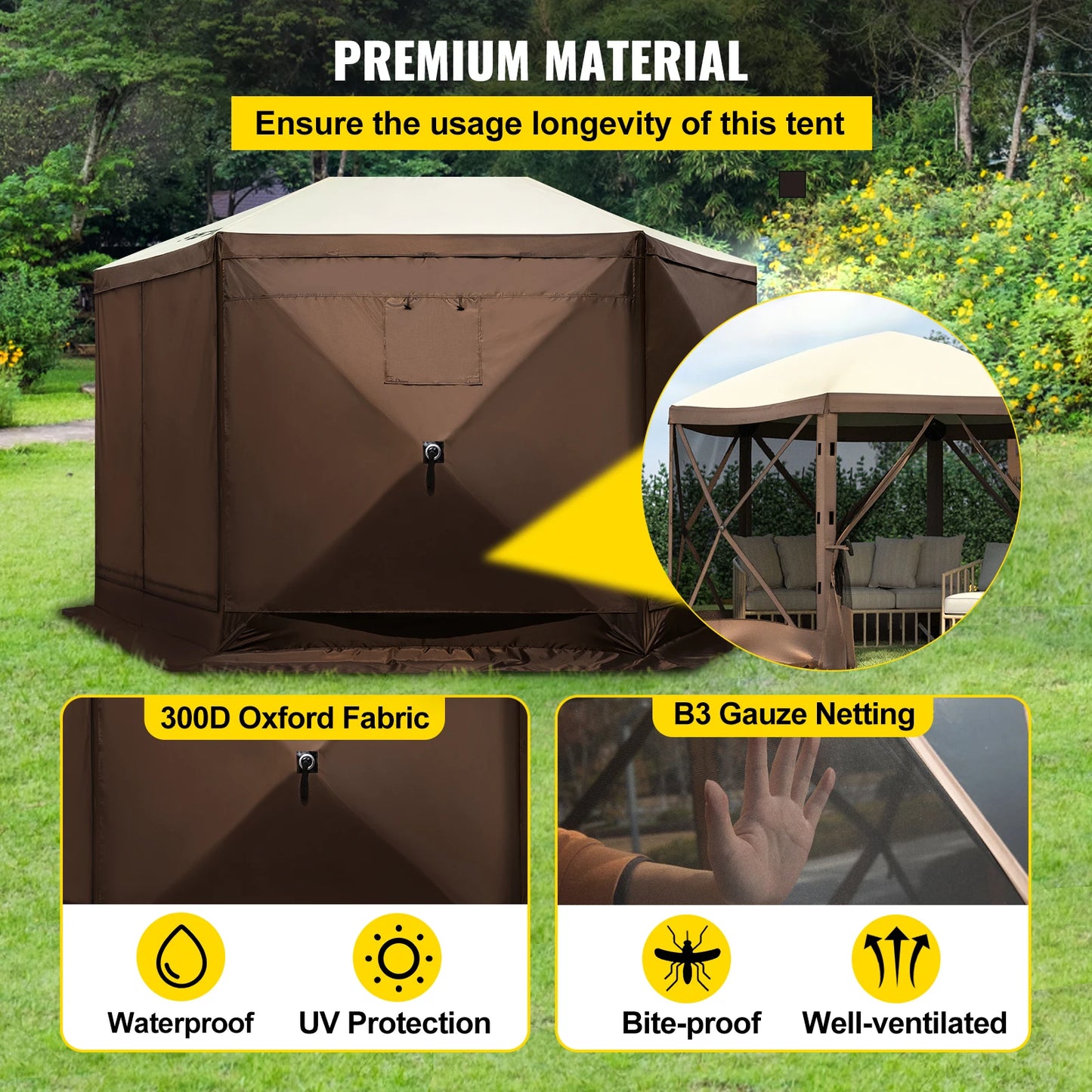 Pop-up Tent - Tent - Kampeertent - Pop-up Tenten - 6 Zijden Canopy - Sun Shade - 12 x 12 ft - voor Buiten Kamperen - Hiking - Bruin