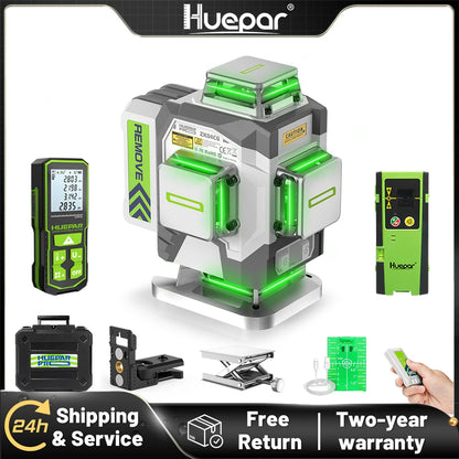 Huepar High Accuracy 16 Lines Laser Level With Detector Rangefinder ±2mm Accuracy Green 4D Self-leveling Cross Line Laser Tools
