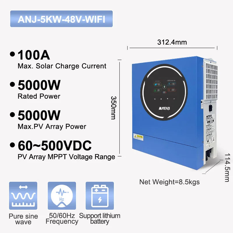Hybride 5 kW Solar Omvormer – Zonne-energie Inverter – Netgekoppeld Converter – Dubbele Uitgang Omvormer – 48V Batterijcompatibel – Pure Sinusgolf – Ingebouwde WiFi & RGB Display