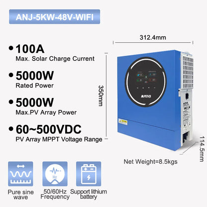 Hybride 5 kW Solar Omvormer – Zonne-energie Inverter – Netgekoppeld Converter – Dubbele Uitgang Omvormer – 48V Batterijcompatibel – Pure Sinusgolf – Ingebouwde WiFi & RGB Display