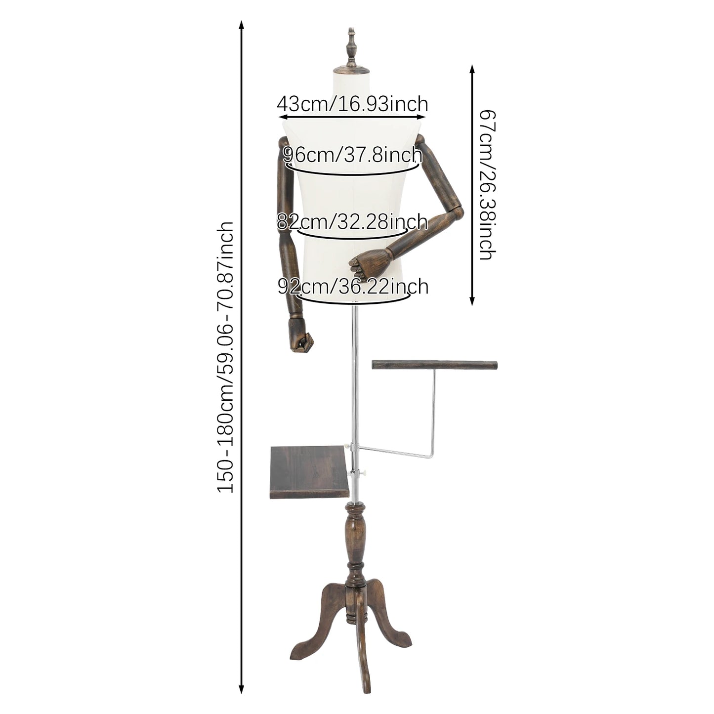 Mannequin Heren – Paspop Man – Kledinghouder – Displaysieraad – Etalagepop – Verstelbare Hoofdlengte 150-180 cm – Linnen Bekleding Wit