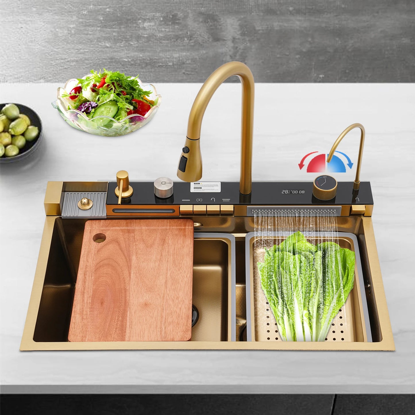 Gouden Keukenspoelbak – Spoelbak – Keukenspoelbak – Spoelbak Met Kraan – RVS Spoelbak – Uitrekbare Kraan 60 cm – Ingebouwde Zeepdispenser