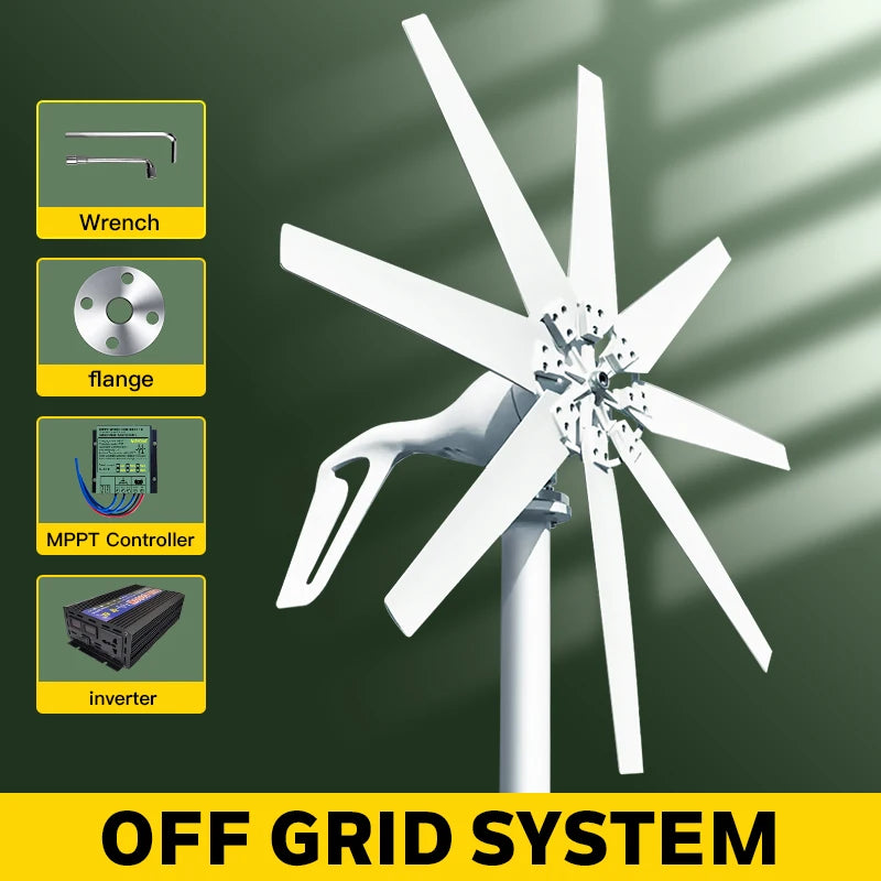 Windgenerator – Windturbine – Windmolen – Duurzame Energie – 12V Output – 8 Nylon Bladen – Aluminium Behuizing - 1000W - Off-grid Systeem 1