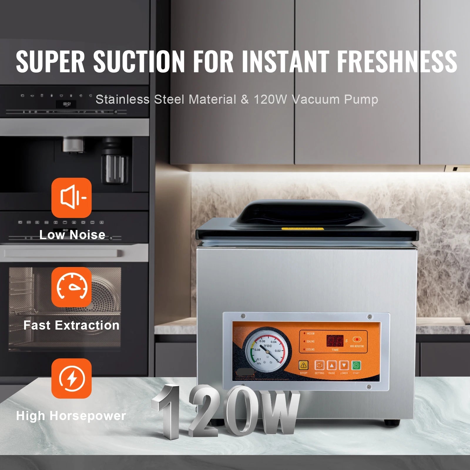 Vacumeermachine - Vacuümverpakkingsmachine - Vacuümmachines - Kamermodel Vacuümsealer - met 260W Vermogen en 26 cm Seallengte - Commerciële - Foodsaver - Seal Apparaat - voor Nat Voedsel en Vlees - QUORE