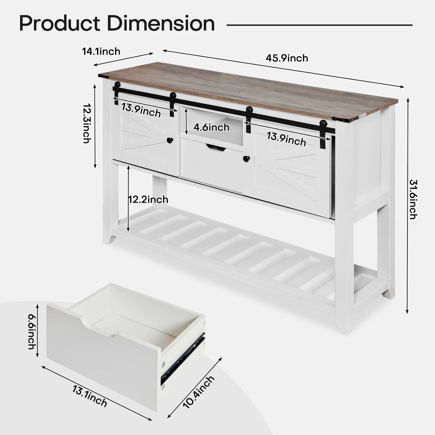 Consoletafel – Entreetafel – Opbergkast – Buffetkast – Houtnerf – Schuifdeuren – Veel Opbergruimte - 46 x 14.1 x 31.6 in - Grijs Wit