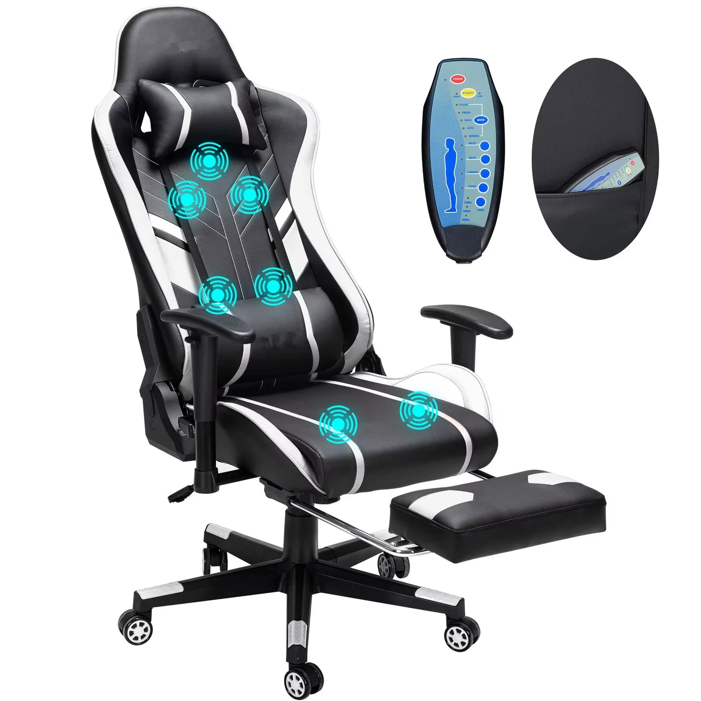 Ergonomische Gaming Bureaustoel – Comfortabele Stoel – Draaistoel – Bureaustoel Met Massage – Gamestoel – Verstelbare Rugleuning 175° – PU Leer Met Massagefunctie - Zwart & Wit - QUORE