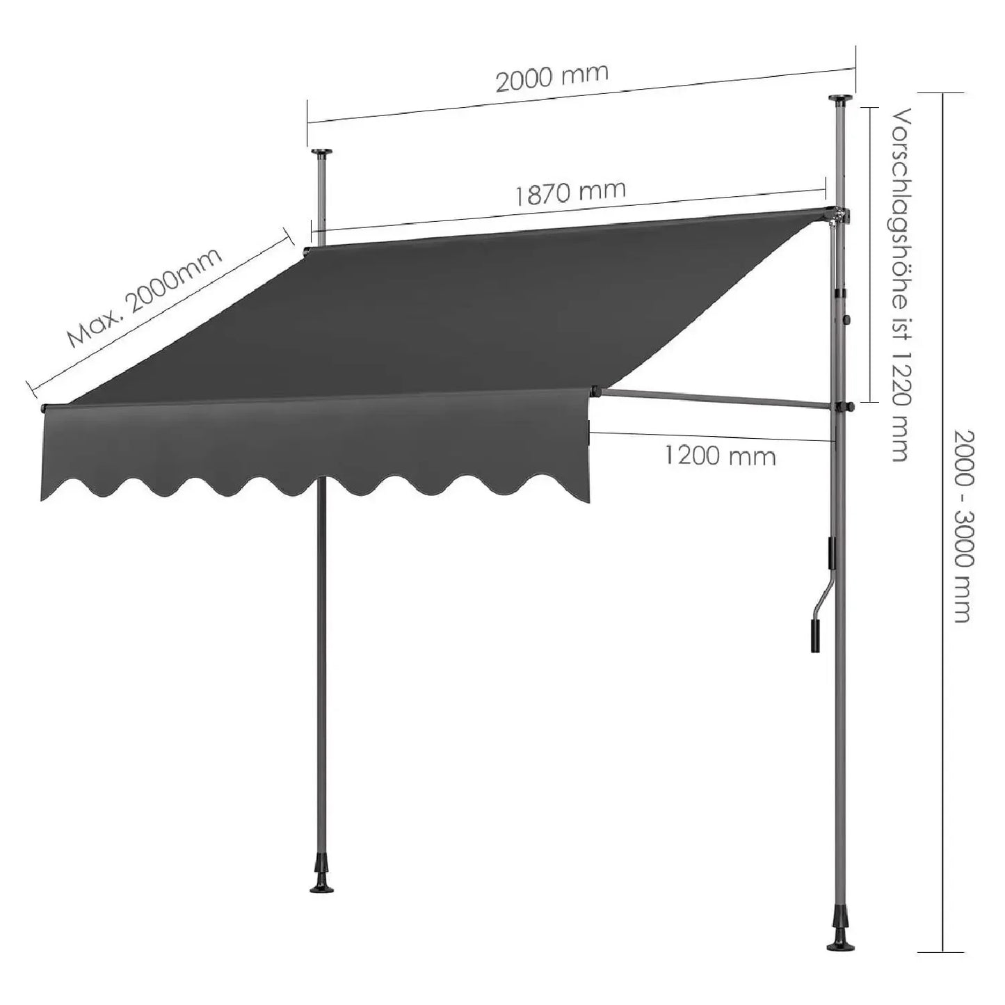 Klemluifel - Zonneluifel - Balkonluifel - Terras-luifel - UV- en Waterbestendig - Aluminium Frame - Handzwengel - Buiten - 200x120 cm- voor Balkon - Tuin - en Terras - Grijs