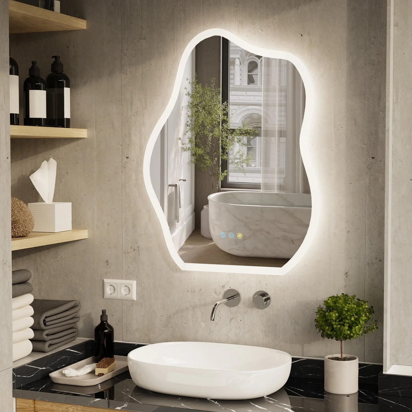 LED Badkamerspiegel – Badkamerspiegel LED – Verlichte Spiegel – Anti Condens Spiegel – Make-up Spiegel – 60x80 cm Onregelmatig – Dimbare LED Verlichting – Snel Ontwasemen IP66