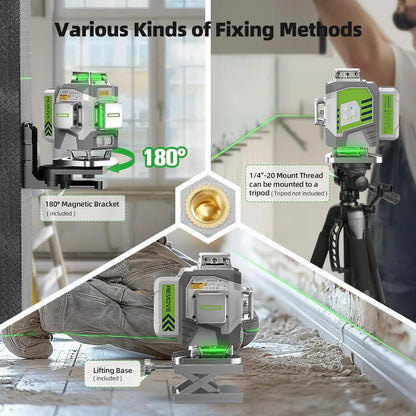 4D Kruislijnlaser – Zelfnivellerend – Groene Laser – Statief – Afstandsbediening – 30 Meter Bereik – USB Type-C Oplaadbaar - QUORE