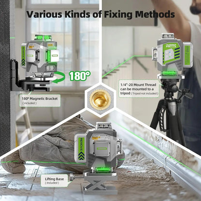 Huepar High Accuracy 16 Lines Laser Level With Detector Rangefinder ±2mm Accuracy Green 4D Self-leveling Cross Line Laser Tools
