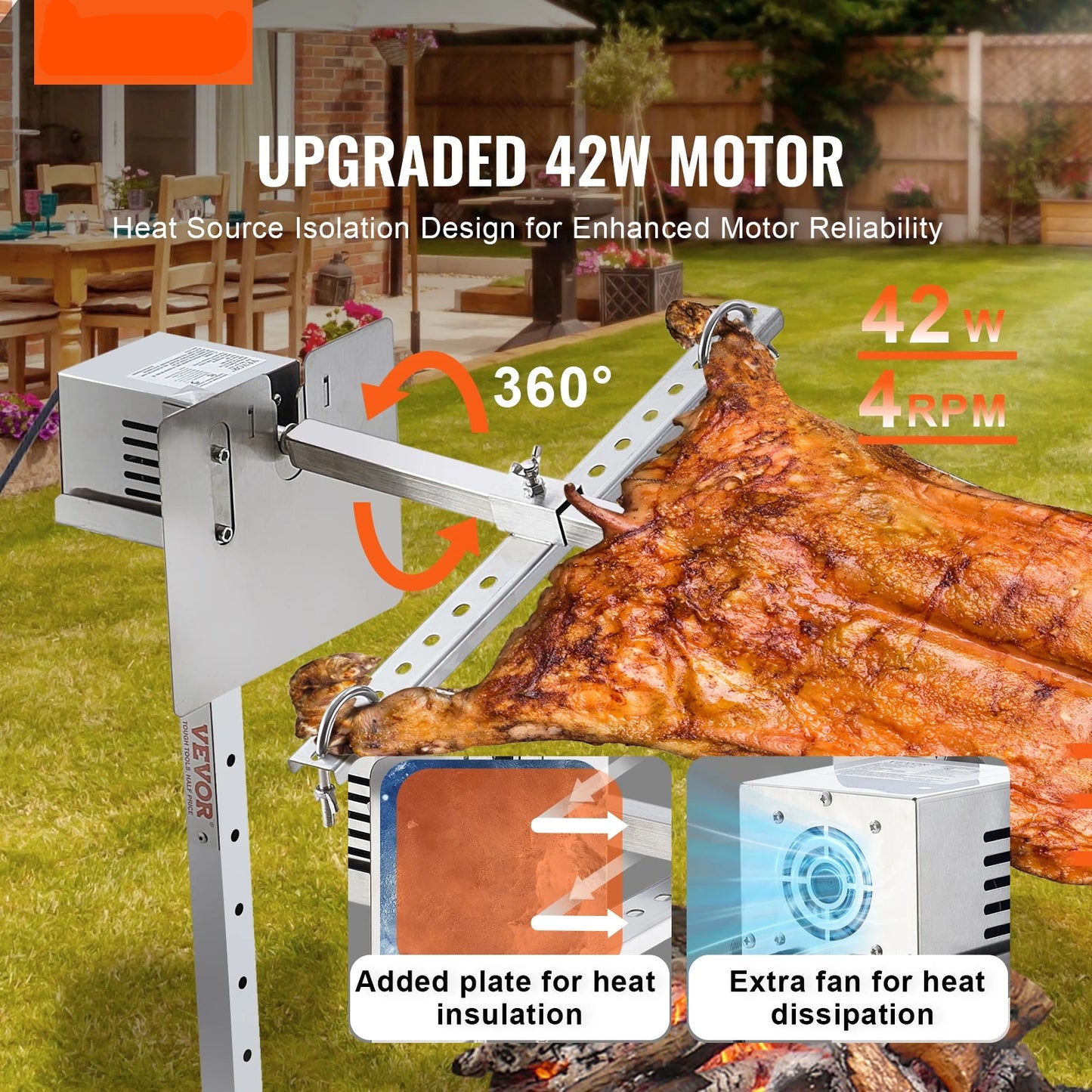 Electric BBQ - Barbecue Grill - Rotisserie Grill Kit - Braadstandaard - Automatisch - 42W Motor - Hoogte Verstelbaar - Universeel - Spitstang - Met Hitteschild - RVS - 139 x 56.5 x 84 cm - Zilver