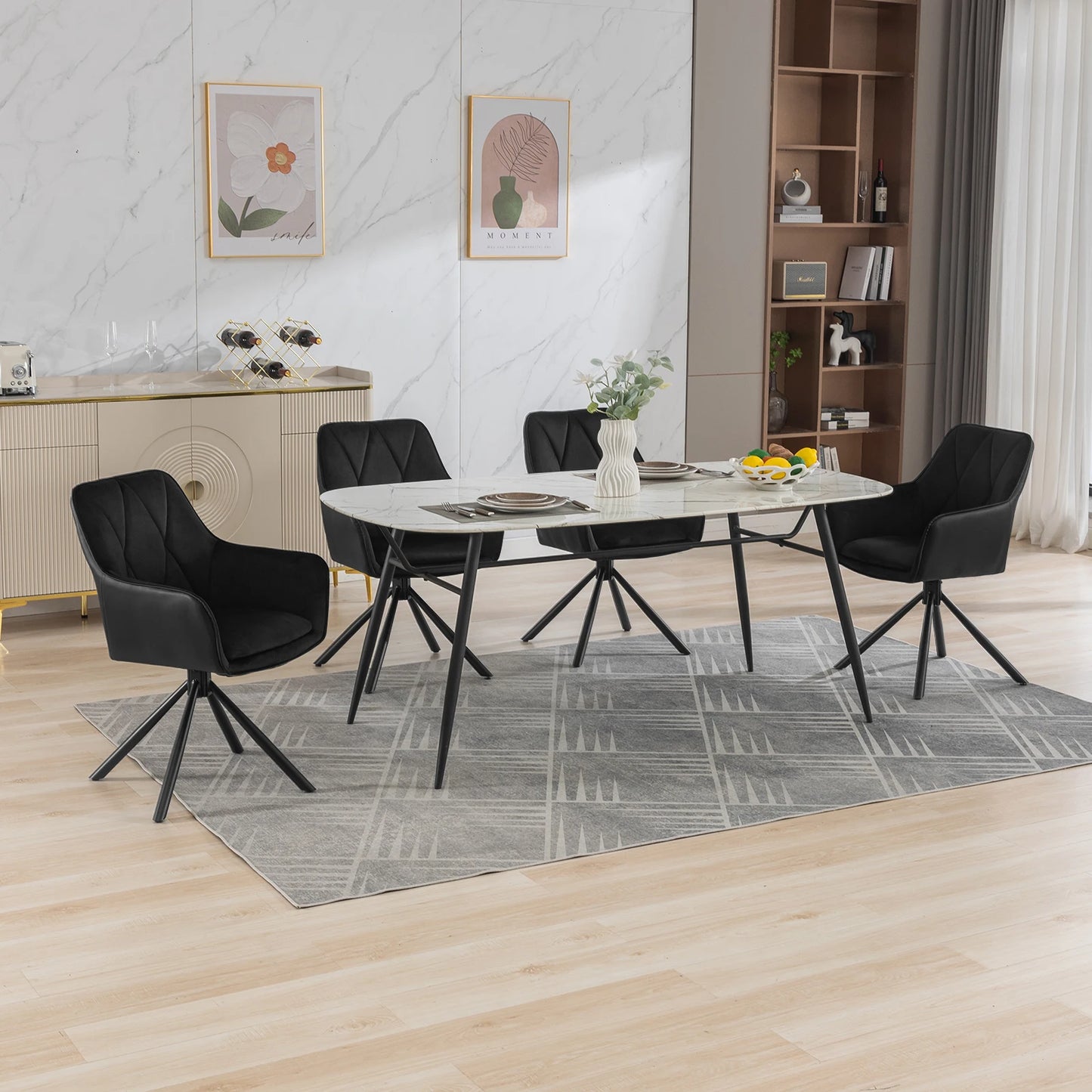 Eetkamerstoelen - Eetstoelen - Keukenstoelen - 2 Stuks - Ergonomische Scandinavische Stijl - met Rugleuning - Voor Keuken - Eetgedeelte - Kunstleer Zitje - Metalen Draaibare Poten - 57.5 x 85.5 x 58.5 cm - Zwart