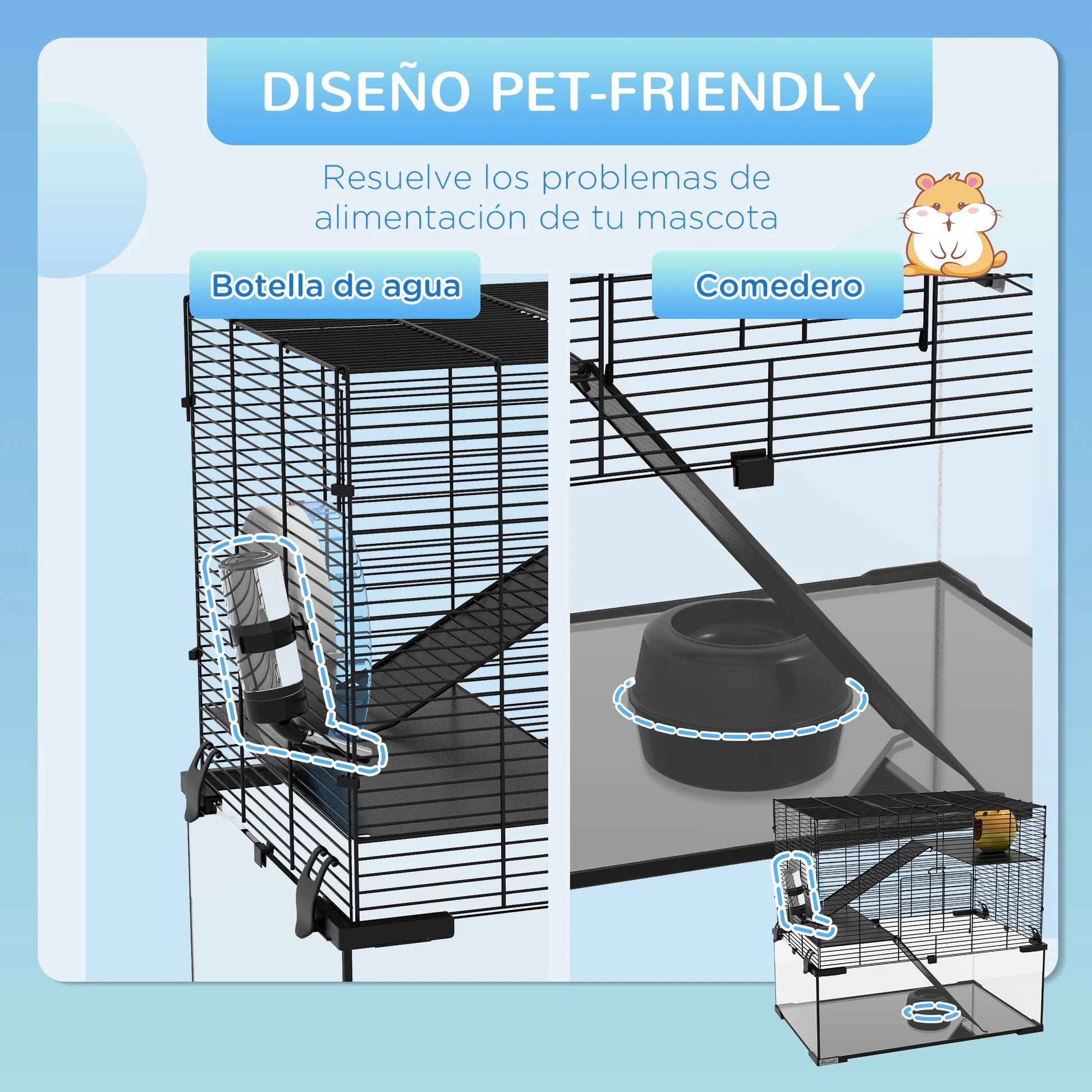 Hamsterkooi – Knaagdierenkooi – Hamsterhok – Dwerghamster Kooi – Hamsterhuis – 3-laags Ontwerp – Glazen Bodem - 60 x 40 x 54,5 cm - Zwart - QUORE
